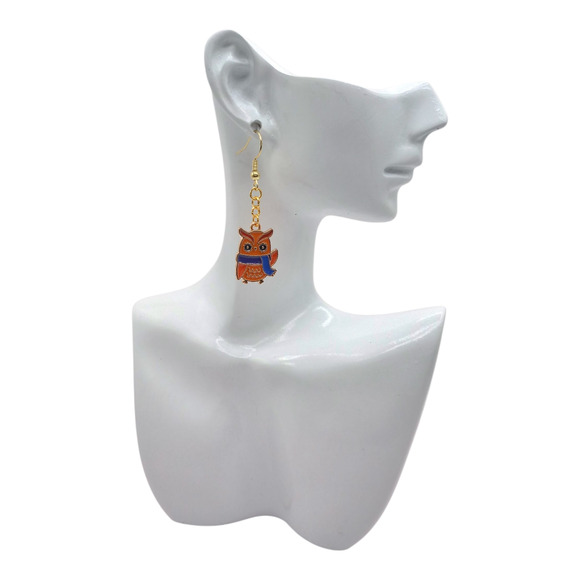 Brown Owl Earrings with Blue Scarf – Fall Autumn Dangle Jewelry - Picture 4 of 4